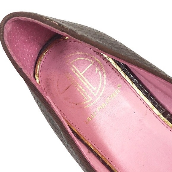 LILLY Pulitzer Brown Snakeskin Leather Ribbon Bow Slip On Ballet Flat - Picture 12 of 12
